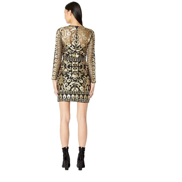 Unique Nicole Miller Scroll Embroidery Illusion Dress, Black/Silver Color Size 0 - Picture 2 of 8